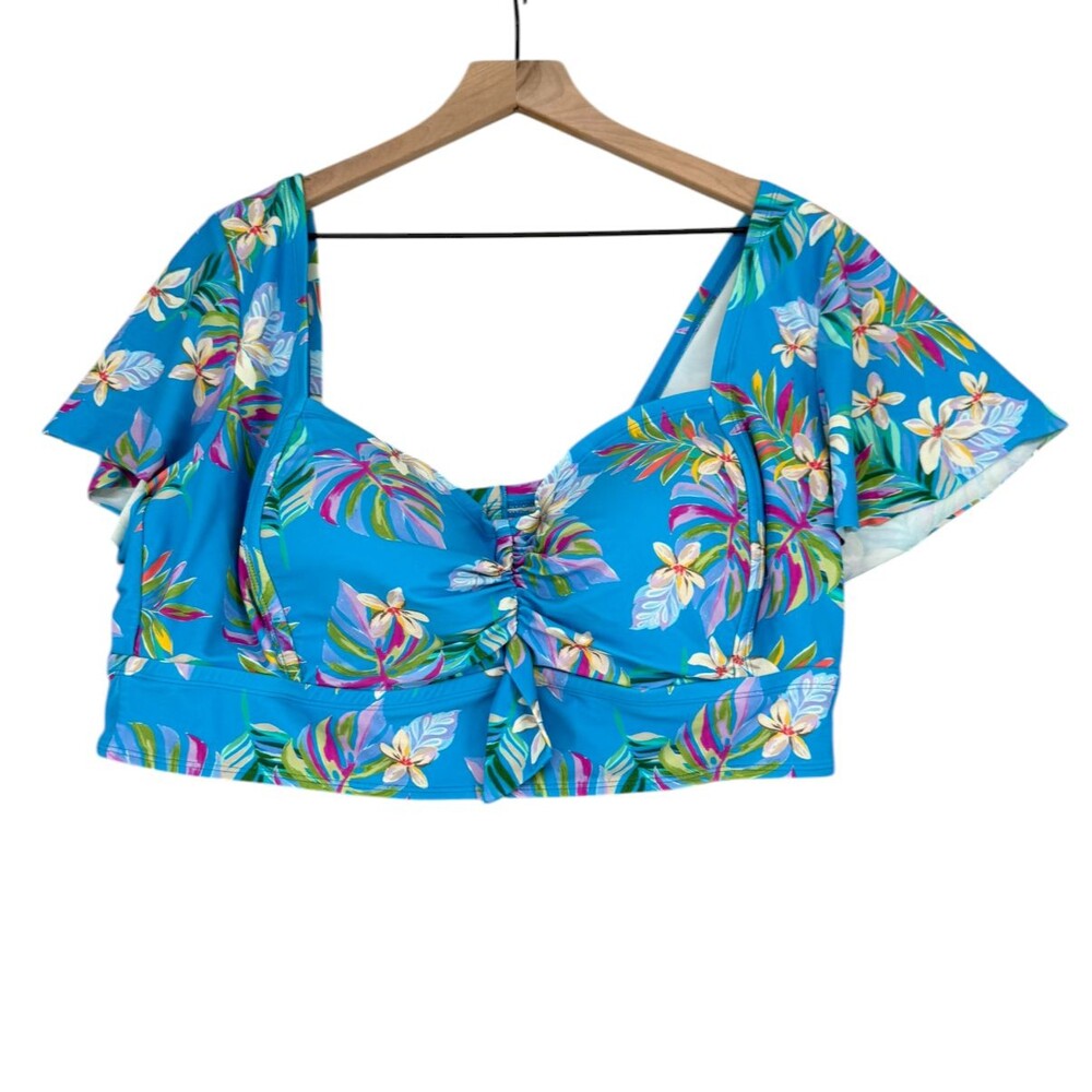 Torrid Wireless Swim Top 3X Blue Tropical Flutter Sleeve Floral Bikini Padded - Picture 2 of 10